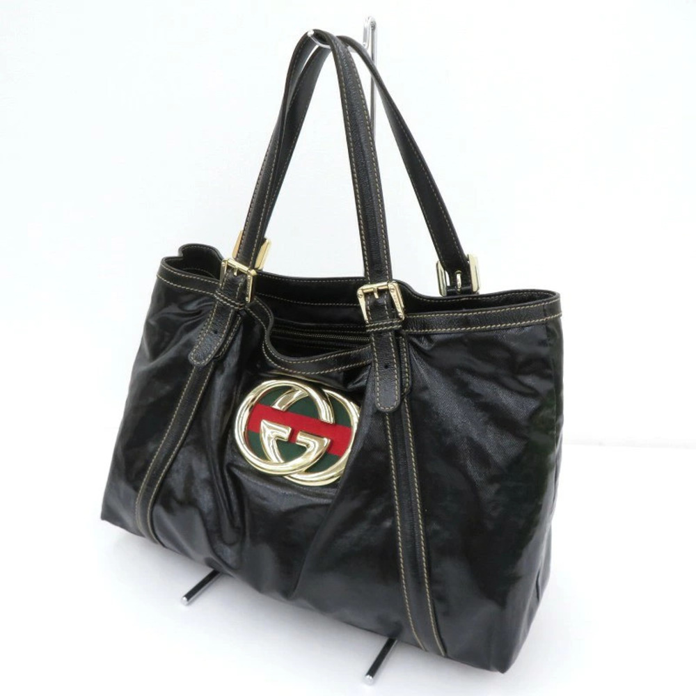 Gucci black Dialux Britt Tote Bag glossy interlocking GG logo Web stripe